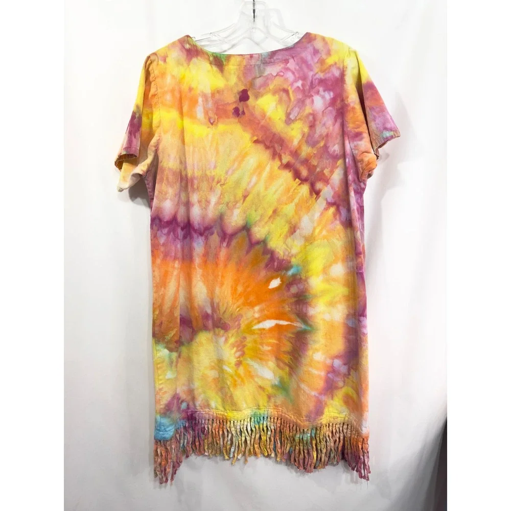 Las Olas Large Dress Handmade Tie‎ Dye Fringe Hem Short Sleeve Shift Knee249